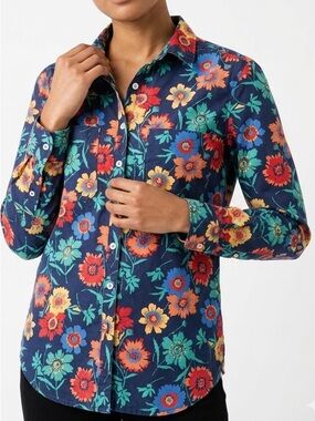 Overland Helen Floral Lyocell Button Down Shirt - Boho Artsy Utility Top XS